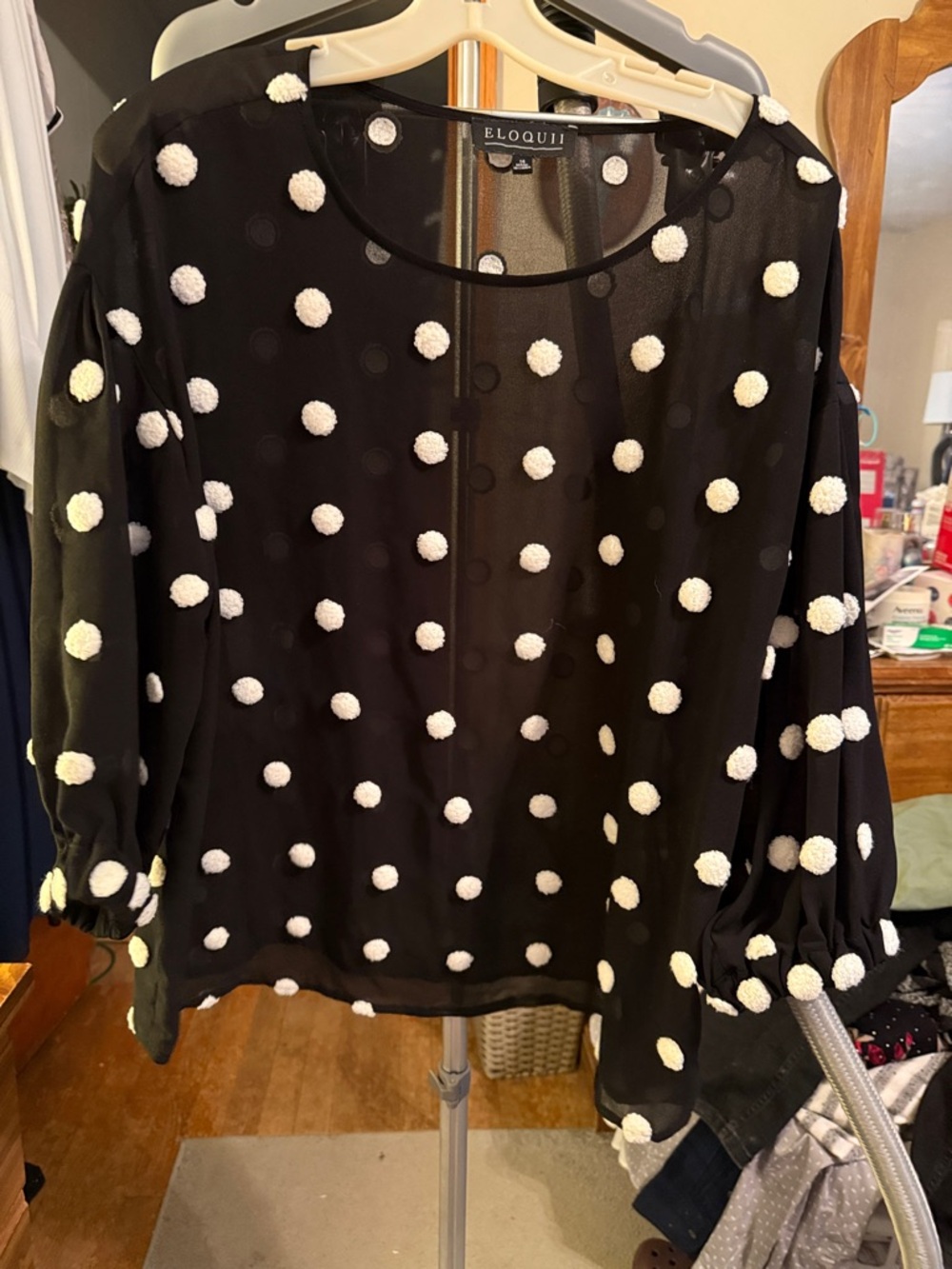 Eloquii Black Sheer Blouse with White Pom-Pom Dots Sz 14 like new